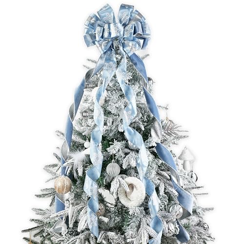 Dusty Blue and Silver Christmas Tree Topper Bow - 13 x 53 Inches - Handmade, Glitter Snowflake & Striped Design