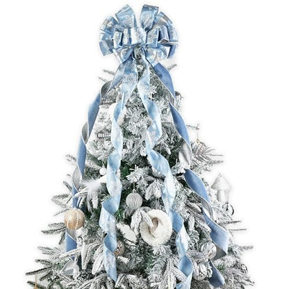 Dusty Blue and Silver Christmas Tree Topper Bow - 13 x 53 Inches - Handmade, Glitter Snowflake & Striped Design
