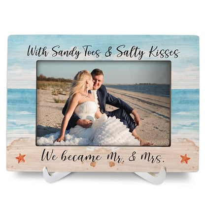 Blue 4x6 Wedding Photo Frame for Couples - Rustic Wooden Picture Frame for Wall & Tabletop Display