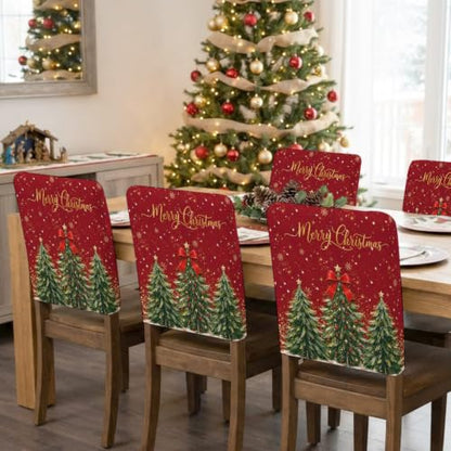 Red & Green Christmas Tree Chair Covers Set of 6 - Snowflake Balls Holiday Slipcovers