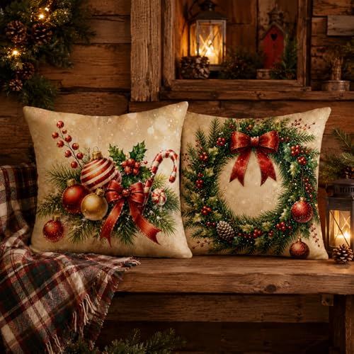 Christmas Pillow Covers Set of 4 18x18 Inch Holiday Winter Decor Neutral Farmhouse Gold