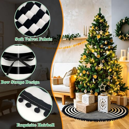 Black and White Christmas Tree Skirt 36 Inch Holiday Decor with Pom-Pom Trim - Halloween & Xmas