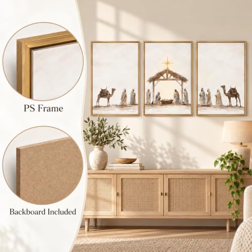 3-Piece Nativity Wall Art Set - Framed Religious Decor, 24 x 36 in Wheat Cocoa