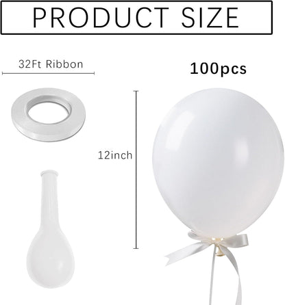 White Balloons - 100 Pack 12-Inch Latex Birthday Decorations for Weddings & Parties