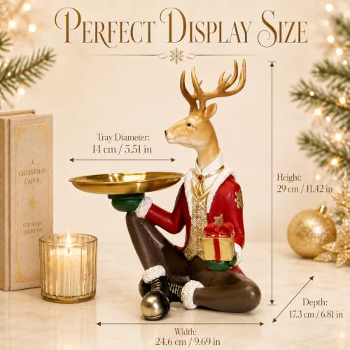 Red Deer Statue Tray for Entryway Jewelry and Keys - Festive Christmas Decor
