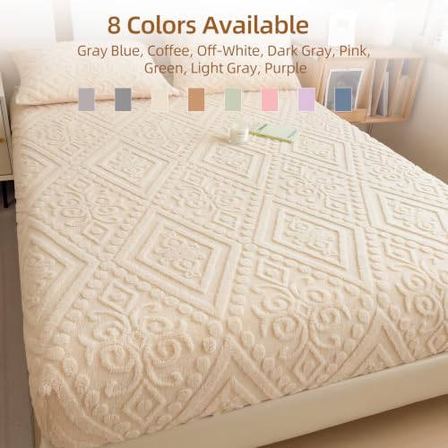 European Damask Embossed Plush Fitted Bed Sheet Full Off White 54x76 Inch