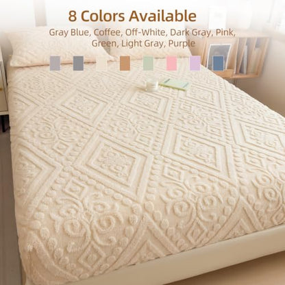 European Damask Embossed Plush Fitted Bed Sheet Full Off White 54x76 Inch