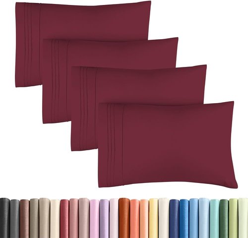 King Standard Pillow Cases | Set of 4 Soft Hotel Quality Covers - Comfy & Machine Washable - Burgundy