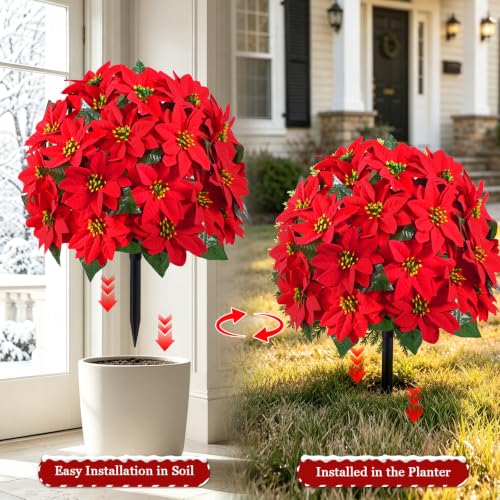 Artificial Poinsettia Topiary Trees - Red Holiday Outdoor Decor - 24 Inches - 2 Pack