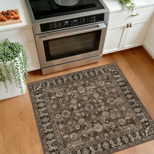 2x2 Square Bathroom Rug - Non-Slip Brown Washable Carpet
