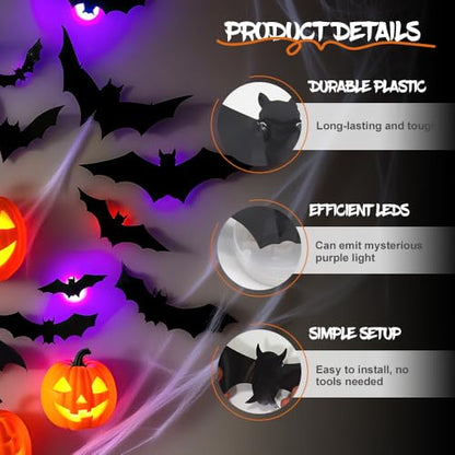 Halloween 3D Bat LED Light Wall Decor - Black 12 Pcs