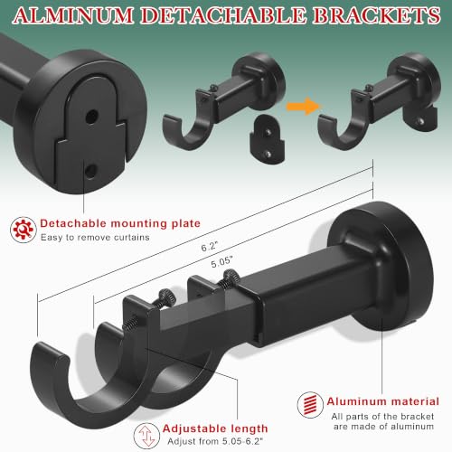 Heavy Duty 48 Inch Curtain Rod Set - Black with Solid Aluminum Finials & Brackets