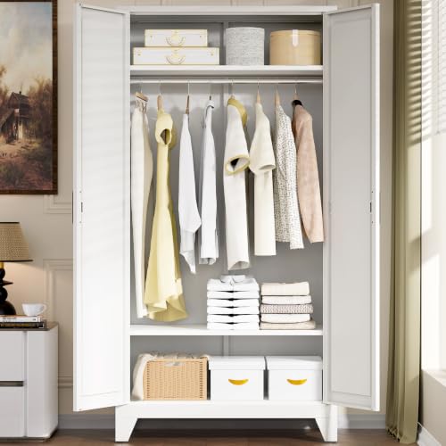 75-Inch Tall Metal Wardrobe Armoire with Hanging Rod & Adjustable Shelves
