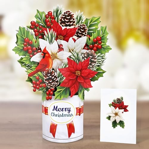 Christmas Poinsettia Pop-Up Card - 8.5x7 Inch Holiday Greeting with Bouquet of Poinsettia & Pine Cones - Variation of Pointsettia Bouquet-6x8in