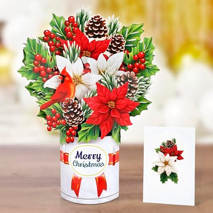 Christmas Poinsettia Pop-Up Card - 8.5x7 Inch Holiday Greeting with Bouquet of Poinsettia & Pine Cones - Variation of Pointsettia Bouquet-6x8in
