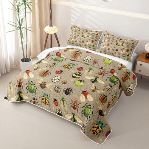 Castle Fairy Reptile Quilt Set Queen Size with Ladybug Pattern - Green Beige
