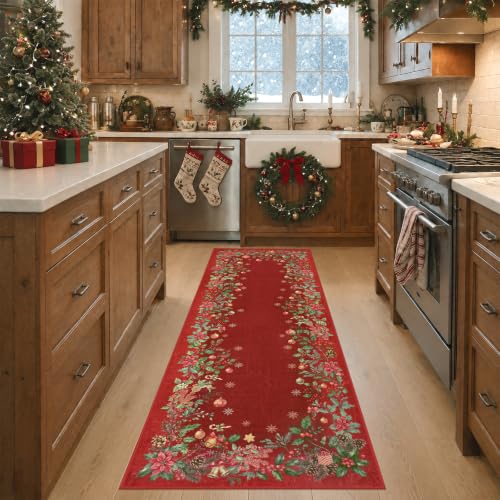 Red Christmas Runner Rug 2.6x8 ft Non-Slip Holiday Indoor Carpet Hallway Entryway