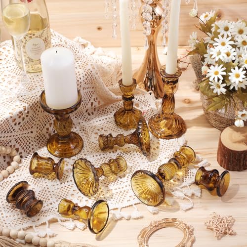 10 Pack Glass Candle Holders Crystal Taper Candlestick Set Brown Classic
