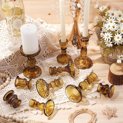 10 Pack Glass Candle Holders Crystal Taper Candlestick Set Brown Classic