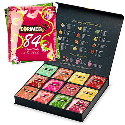 Discover Tasting Box – Assortment of 12 Teas & Herbal Infusions (84 individual sachets) – Black/White/Green/Matcha/Earl Grey/Oolong/Pu-Erh Tea – Gift Box - Teabags