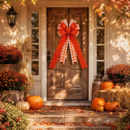 2PCS Fall Orange Burlap Ribbon Bows for Wreaths Halloween Thanksgiving Autumn Decor - Variation of 2pcs-m-fine Linen Fall Bows
