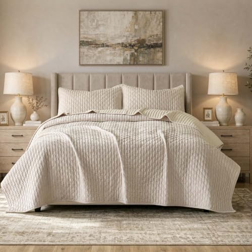 Velvet Queen Size Quilt Set 90x98 Inches Bedding with 2 Pillowcases Beige