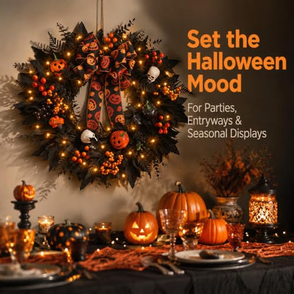 24-In Halloween Wreath for Front Door Black Skeleton Spider Web Decor