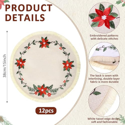 12 Pcs Christmas Round Placemats 15 Inch Embroidered Poinsettia Table Mats with Tassels