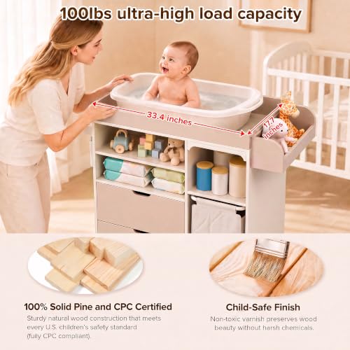 Baby Changing Table with Waterproof Pad & Storage Dresser - Beige