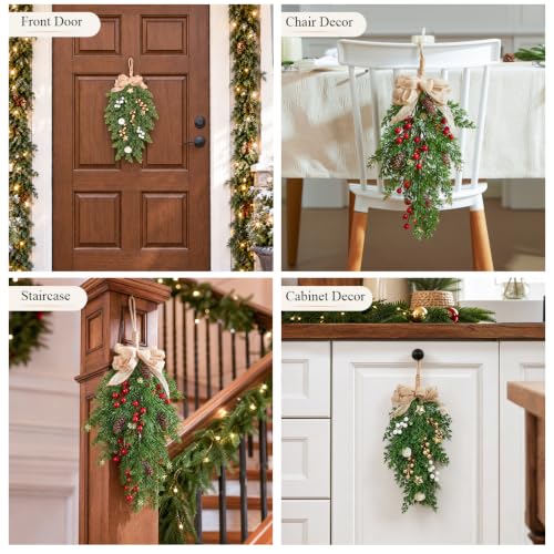 Red 18-Inch Christmas Cedar Swag with Berries Pinecones & Bow - Set of 2
