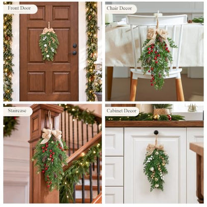 Red 18-Inch Christmas Cedar Swag with Berries Pinecones & Bow - Set of 2