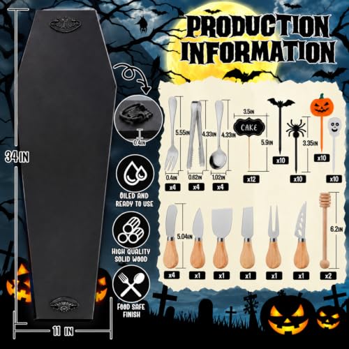 Halloween Coffin Charcuterie Board Set with Cheese Knives and Food Picks - Black