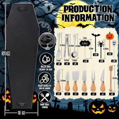 Halloween Coffin Charcuterie Board Set with Cheese Knives and Food Picks - Black