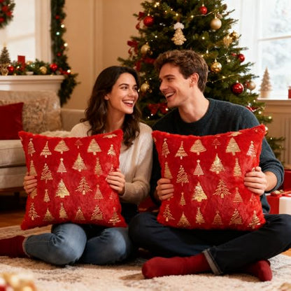 Red Christmas Tree Throw Pillow Covers 24x24 Inch Set of 2 Decor Cushion Cases for Holiday Home Decor