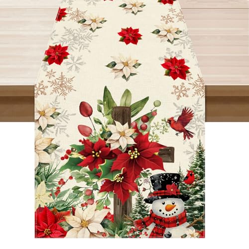 Snowman Poinsettia Christmas Table Runner 13x108 Inch Holiday Home Decor