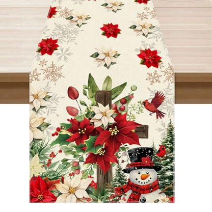 Snowman Poinsettia Christmas Table Runner 13x108 Inch Holiday Home Decor