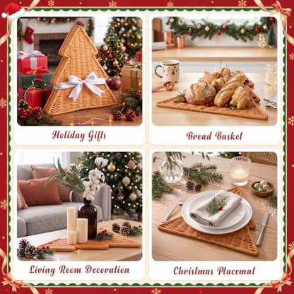 Brown Christmas Tree Placemats Set of 4 - Rattan Woven Holiday Table Decor