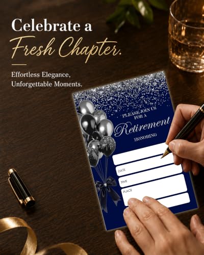 Navy Blue Retirement Party Invitations Set with Envelopes - 25 pcs