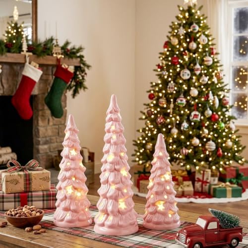 Pink Ceramic Christmas Trees Light Up Set of 3 - Holiday Decor