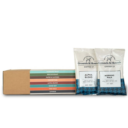 Grounds & Hounds Eight Coffee Blend Sample Kit - 100% Organic Coffee Grounds, Coffee Frac Pack, Ground Coffee Variety Pack, Includes Eight 2.5oz Packs of Our Most Popular Ground Coffee Blends