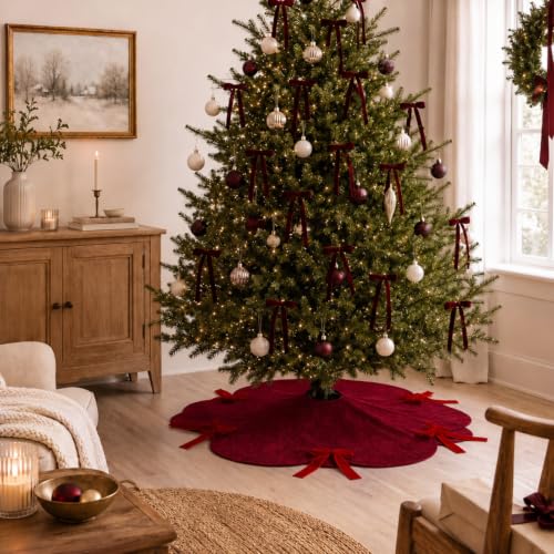 Syhood 30 Inch Burgundy Velvet Christmas Tree Skirt with Scalloped Edge & Bow - Holiday Decor