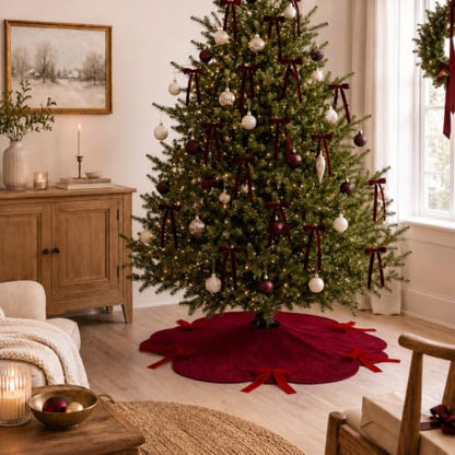 Syhood 30 Inch Burgundy Velvet Christmas Tree Skirt with Scalloped Edge & Bow - Holiday Decor