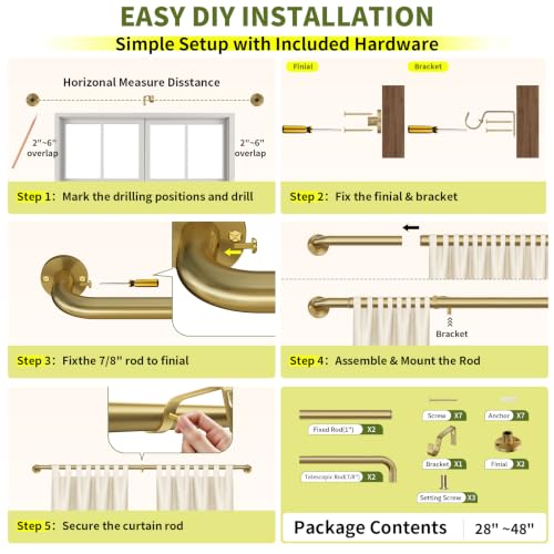 Brushed Gold Curtain Rod 28-48 Inch Wrap Around Window Treatment