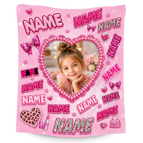 Personalized Pink Girl Photo Blanket - Custom Kids Throw with Text & Image