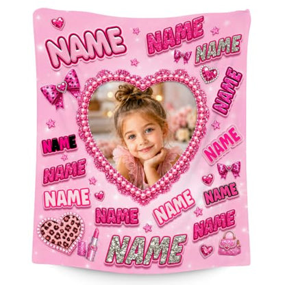 Personalized Pink Girl Photo Blanket - Custom Kids Throw with Text & Image