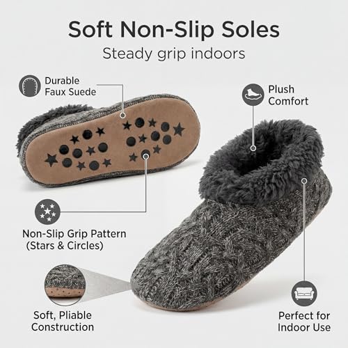 Men's Fuzzy Slippers 2-Pack with Non-Slip Soles - Grey & Navy, Size 12-13