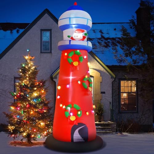 10FT Inflatable Christmas Lighthouse with Santa & LED Lights Outdoor Yard Decor
