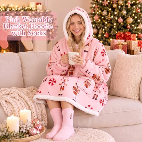 Berlune Pink Christmas Wearable Blanket Hoodies with Fuzzy Socks - Nutcracker Variant