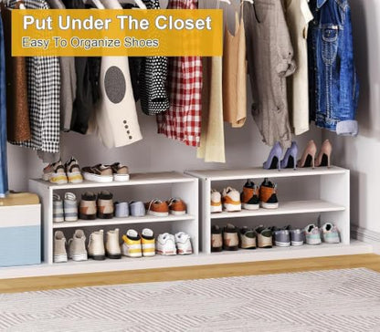 2-Tier Small Shoe Rack Organizer - White, 28.5 Inch, Holds 9-12 Pairs - Stackable Closet Storage