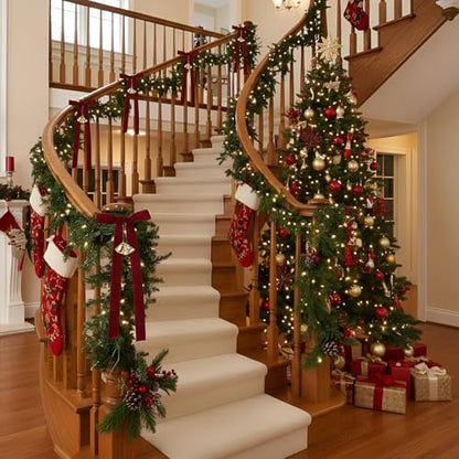 29.5 ft Artificial Norfolk Pine Garland Christmas Decor with Ribbons & Bells